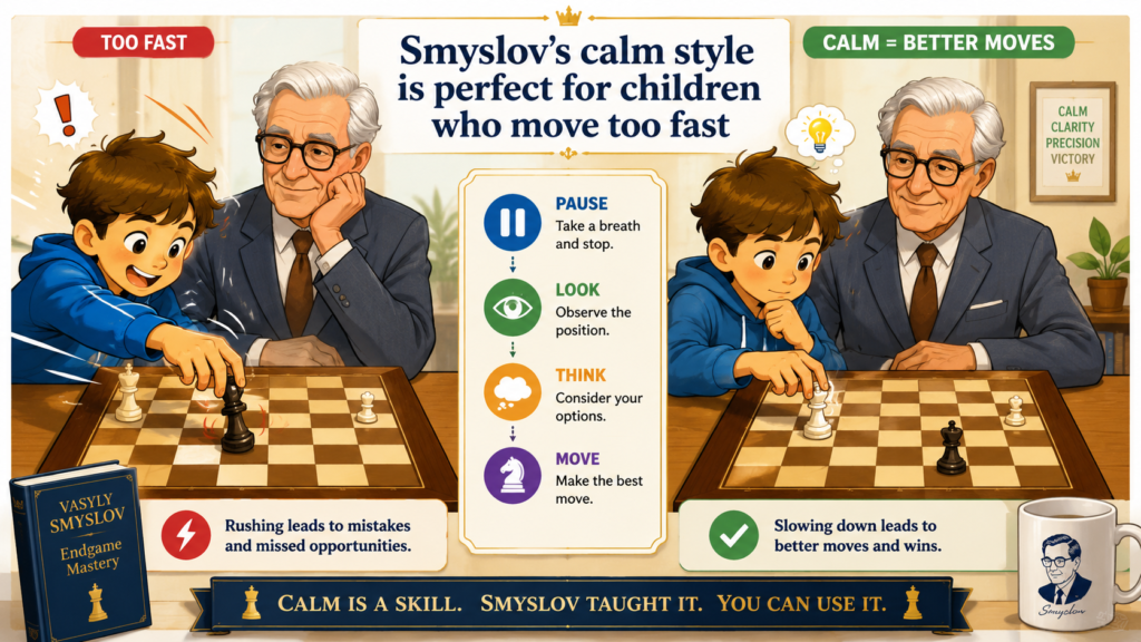 Fast play is one of the most common problems in children’s chess. A child may know the right idea, but still lose because they move too quickly. They see a check and play it. They see a capture and take it. They see a threat and panic. Smyslov is a wonderful cure for this habit because his chess shows the power of calm.