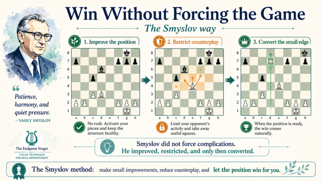 One reason Smyslov is such a strong role model for young players is that he did not force things before they were ready. He did not attack just because attacking looked fun. He built the position until the attack, trade, or endgame became natural.