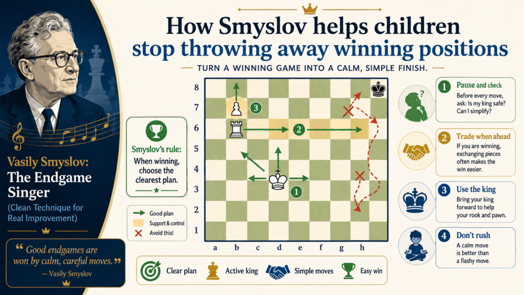 Many young players can get a winning position. The harder part is winning the winning position. That sounds funny, but every chess parent has seen it happen. A child wins material, gets excited, moves too fast, and somehow the game slips away.
