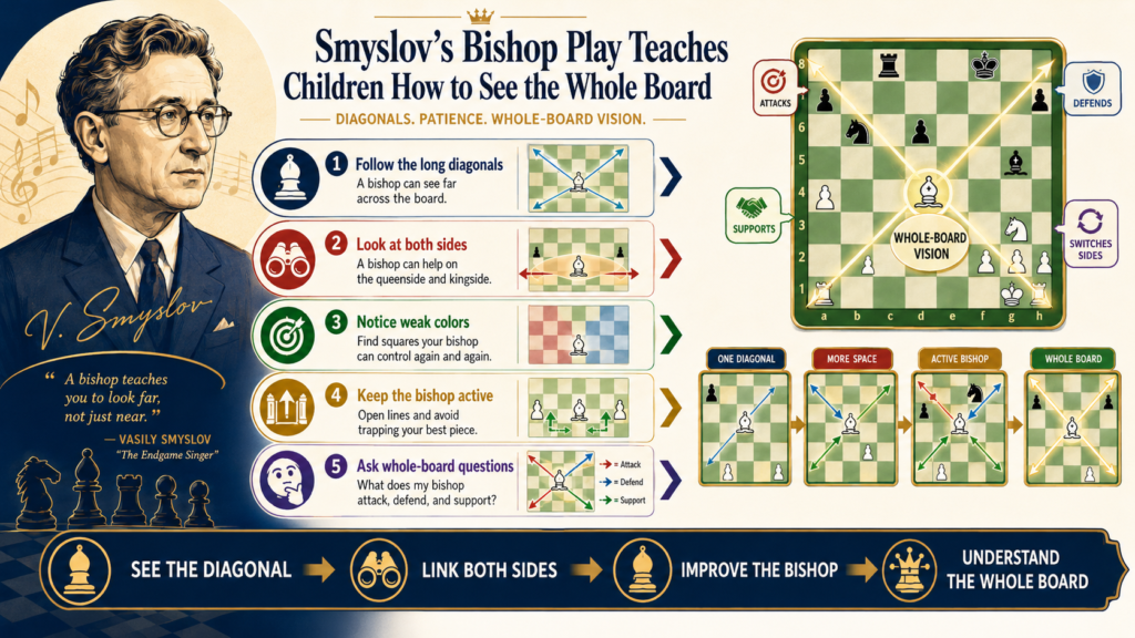Smyslov had a special feel for bishops. A bishop is a long-range piece. It can sit on one side of the board and still touch squares far away. But many young players do not use bishops that way. They move them out early, trade them too fast, or block them with their own pawns.