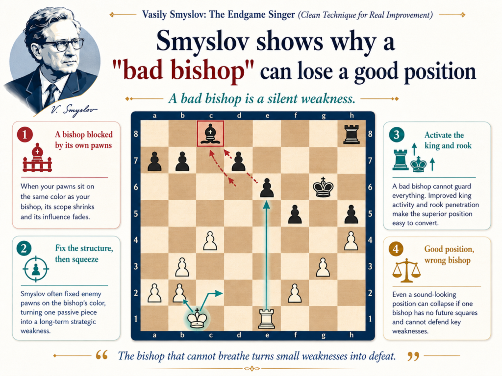 A bad bishop is not bad because the piece is weak. It is bad because its own pawns block it. This is one of the most important ideas in chess, and Smyslov’s games make it easier to understand.