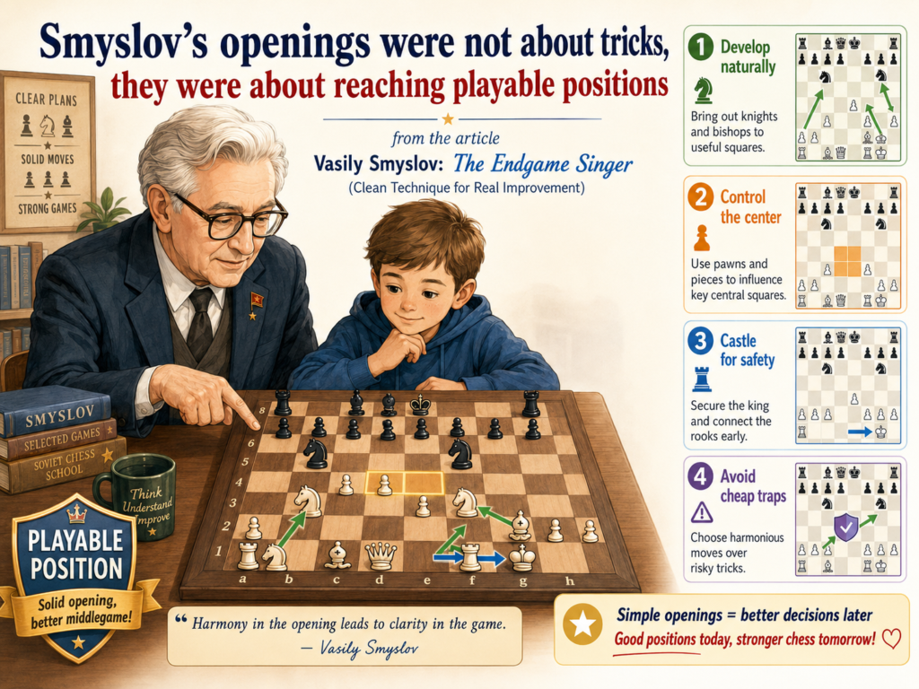 Many young players think openings are only about memorizing moves. They want a trap. They want a fast win. They want the other player to fall for something. But Smyslov’s openings had a different goal. He wanted healthy pieces, safe king, and clear plans.