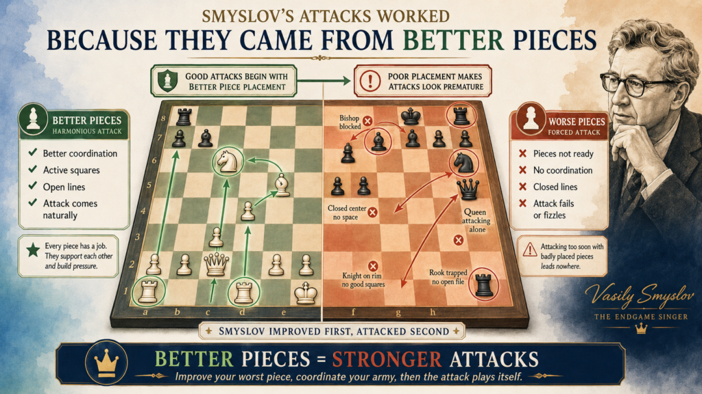 Smyslov is often remembered for endgames and quiet control, but that does not mean he could not attack. He could attack very well. The difference is that his attacks usually came from strong piece placement first.