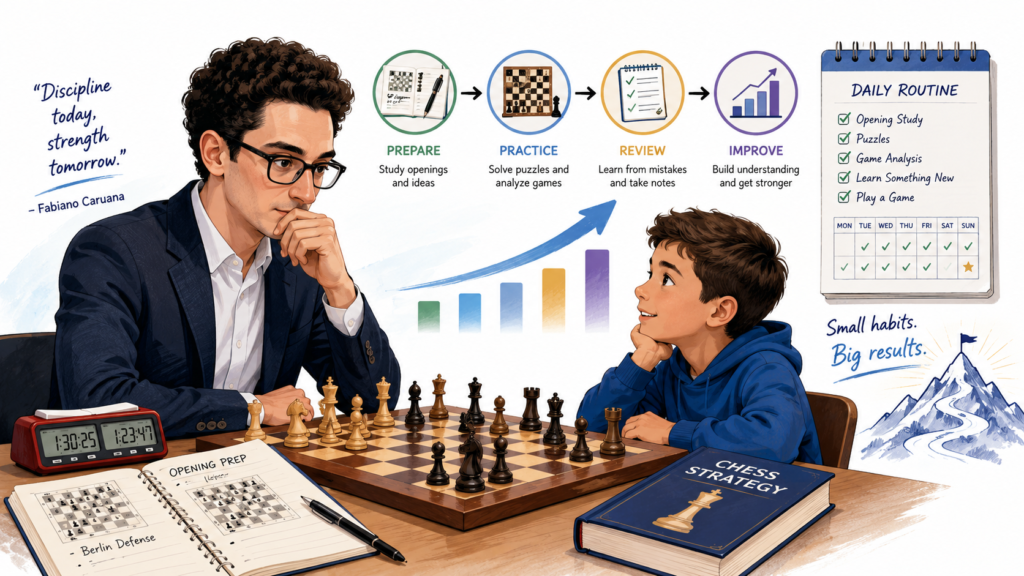Fabiano Caruana did not become one of the best players in the world by playing random moves and hoping for luck. His story is a clear lesson for every young chess student. Talent matters, but good training, deep focus, and calm work matter even more.
