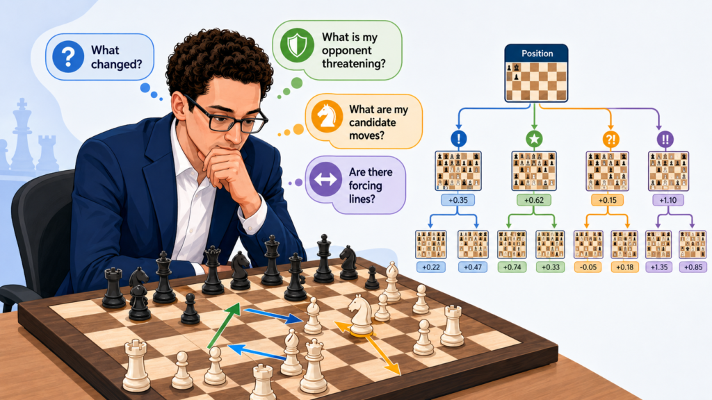 When people call Fabiano a calculation machine, they often picture him seeing twenty moves ahead like a computer. That may sound exciting, but it can also scare young players. The truth is more useful. Strong calculation begins with simple questions.