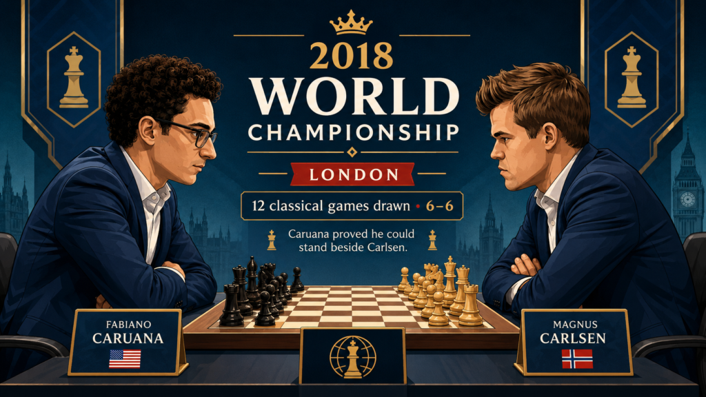 Fabiano’s 2018 World Championship match against Magnus Carlsen was one of the most tense title matches in modern chess. The classical part had 12 games, and every single one ended in a draw. That had never happened before in a World Championship match. Carlsen then won the rapid tiebreaks 3-0 and kept his title.