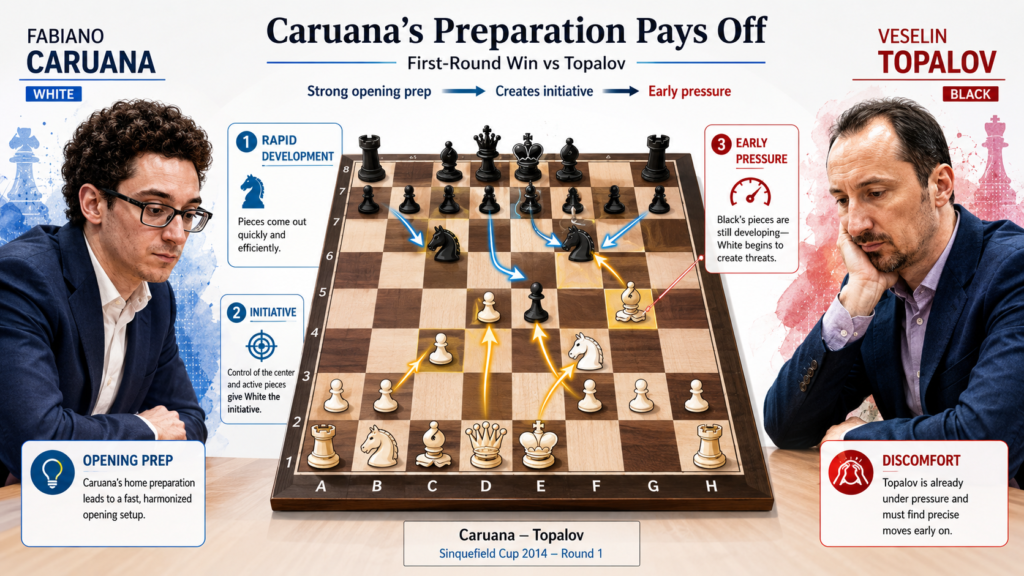 Fabiano started the 2014 Sinquefield Cup with a win against Veselin Topalov, a former world champion. This was not a soft start. Topalov was one of the most dangerous attacking players of his era. Yet Fabiano beat him with Black in just 34 moves.