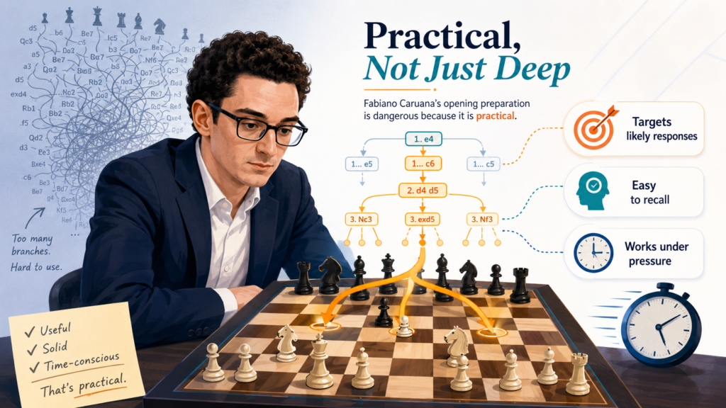 Some players know a lot of opening moves but still get bad positions. Fabiano is different. His prep is not only deep. It is practical. That means the moves are not just computer-approved. They are also hard for humans to face.