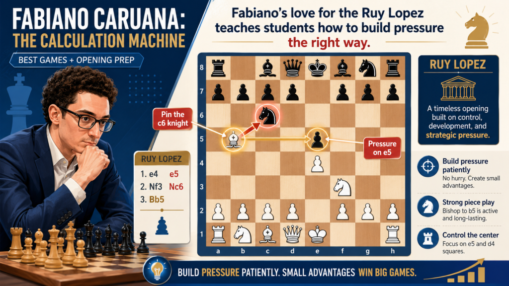 The Ruy Lopez is one of the most famous openings in chess, and Fabiano has been closely linked with it for years. He even wrote “Caruana’s Ruy Lopez,” a book that presents a practical White repertoire for club players. The publisher describes the Ruy Lopez as a classic opening where White fights for the center and the initiative.
