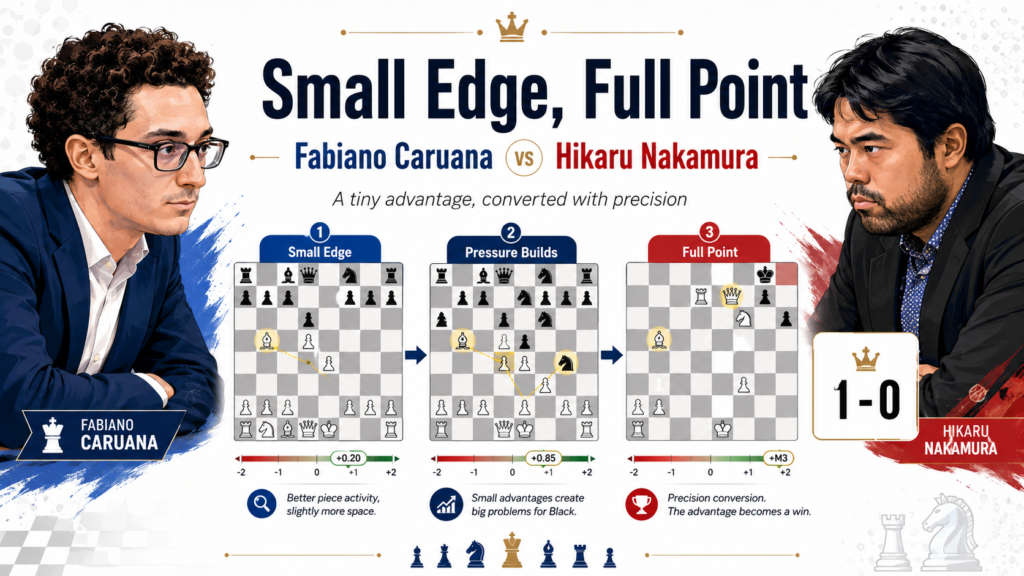 Fabiano’s 2016 Candidates win against Hikaru Nakamura is another model game for students. The game came from the Berlin Defense in the Ruy Lopez and ended with Caruana winning as White. Chessgames lists it as a round eight game from the 2016 World Championship Candidates in Moscow.