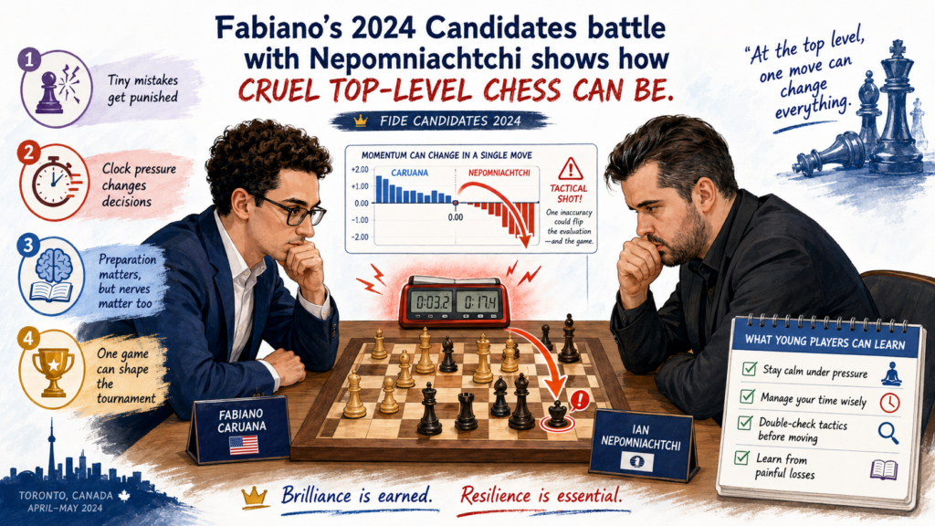 The final round game between Fabiano Caruana and Ian Nepomniachtchi at the 2024 Candidates Tournament was one of the most dramatic games of the event. Chess.com’s event page records the game as a long draw, and other reports from the event noted that Caruana had real winning chances before the game finally ended peacefully.