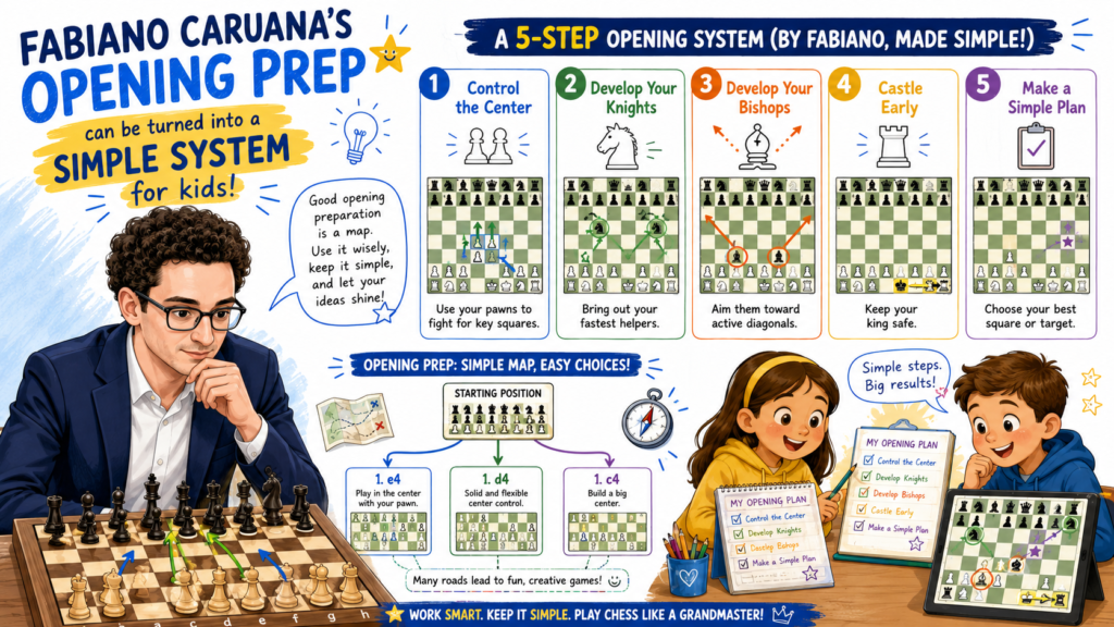 Fabiano’s real opening work is far beyond what most students need. He has teams, databases, engines, training partners, and years of elite experience. But the heart of his method can still help young players. Good prep means entering the game with a clear plan, not a head full of random moves.