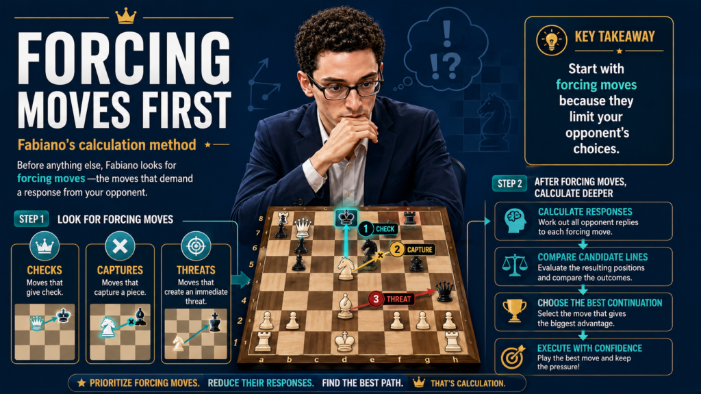 Fabiano Caruana is called a calculation machine because he can see danger and chances before most players do. But young students should not think this means he looks at every move on the board. That would be too messy, even for a top player. 