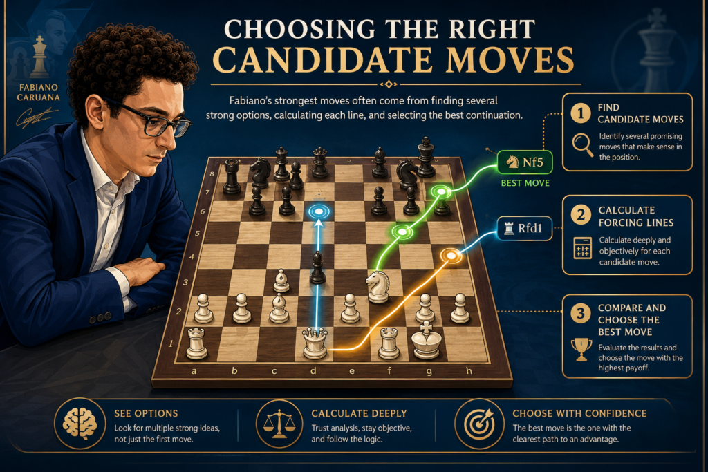 A candidate move is a move you are thinking about playing. This sounds simple, but it is one of the biggest differences between rushed chess and smart chess. Many kids see one move they like and play it right away. Strong players do not do that. They compare.