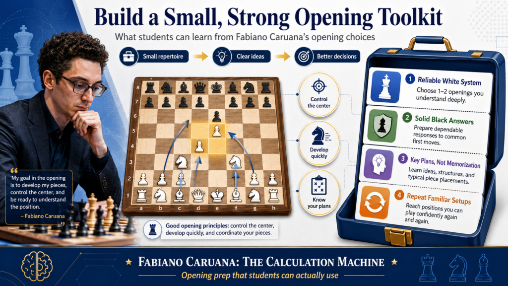 Students should not try to copy every opening Fabiano has played. That would be too much. He is an elite grandmaster with years of deep study. A child needs something simpler. The best idea is to copy his approach, not his full opening file.