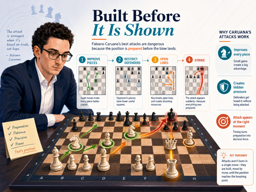 Fabiano Caruana is not known as a wild attacker in the same way some players are. He does not throw pieces forward just to make the game exciting. But when the position gives him a real chance, his attacks can be sharp, clean, and very hard to stop.