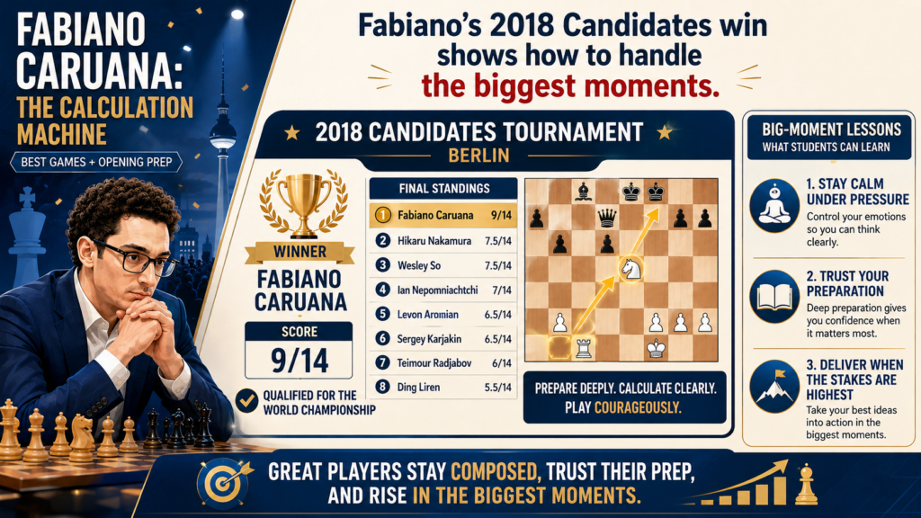 The 2018 Candidates Tournament was one of the most important events of Fabiano’s career. He won the tournament in Berlin with 9 points out of 14 and earned the right to challenge Magnus Carlsen for the World Chess Championship.