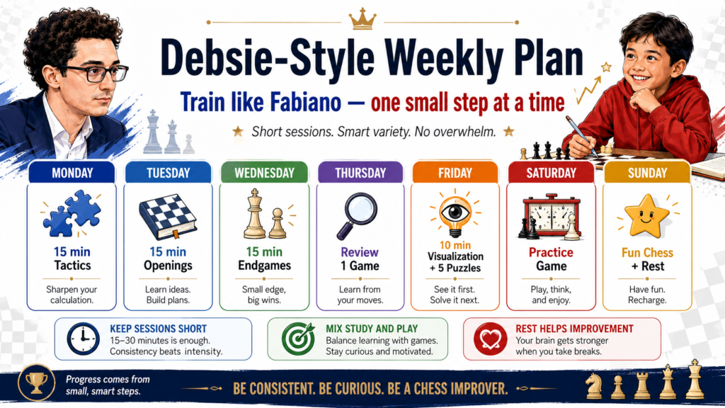 No child needs to train exactly like Fabiano Caruana. His level is elite, and his work is built for world-class events. But a young player can still copy the heart of his method. The heart is simple. Prepare with care, calculate before moving, review mistakes, and keep improving small things.