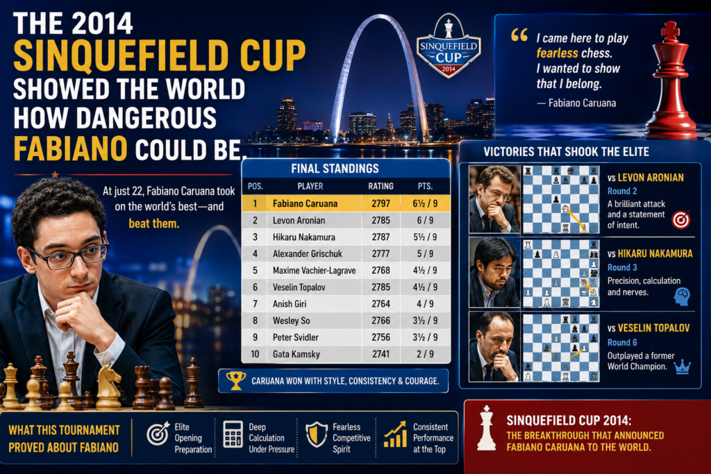 Every great player has one event that makes people stop and stare. For Fabiano Caruana, that event was the 2014 Sinquefield Cup in Saint Louis. He scored 8.5 out of 10, started the event with seven straight wins, and finished undefeated against one of the strongest fields in chess at that time.