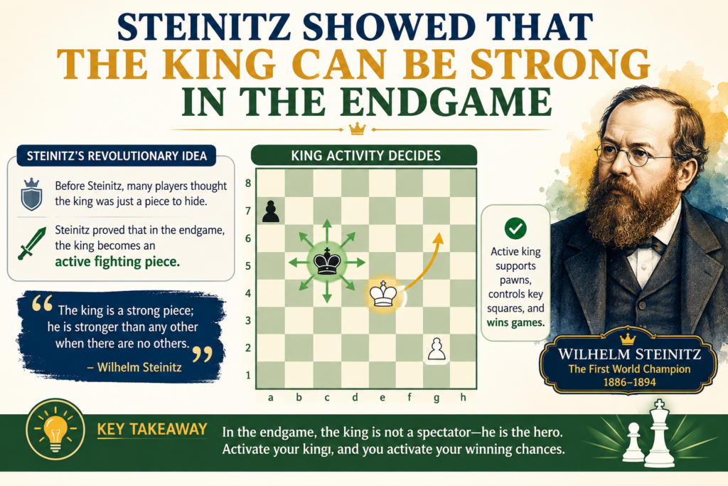 Many beginners think the king is only a piece to hide. In the opening and middle game, that is mostly true. A king in danger can lose the game fast. But in the endgame, when many pieces are gone, the king becomes a fighting piece.