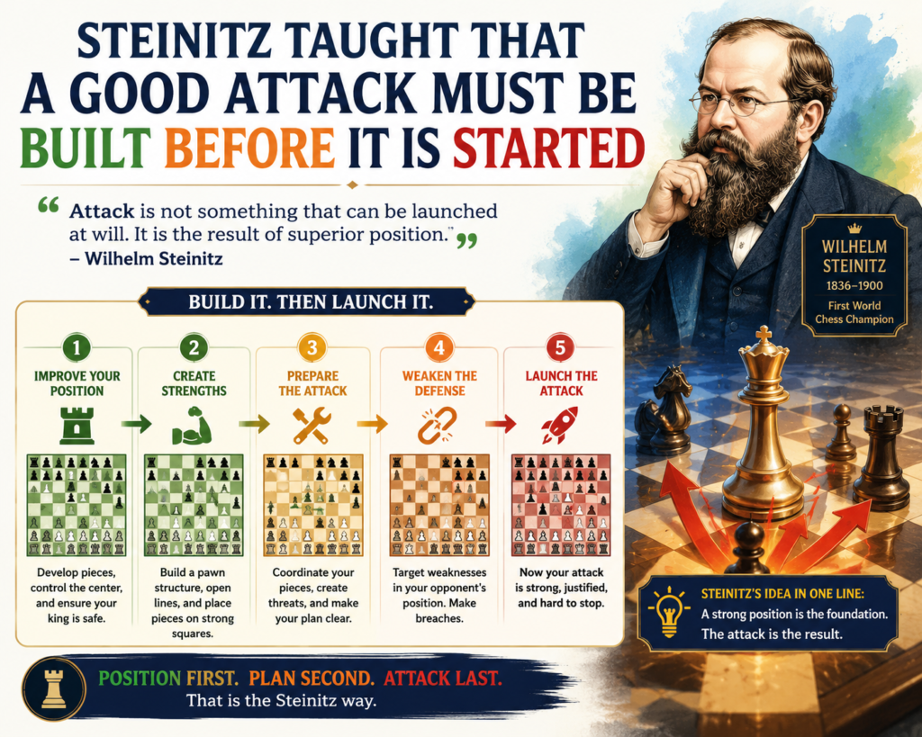 A strong attack in chess is not just a loud move. It is not only a check, a sacrifice, or a queen flying across the board. Steinitz helped players understand that a real attack grows from a strong position. This was a big change from the older style of chess, where many players attacked because it looked brave, even when the board did not support it.