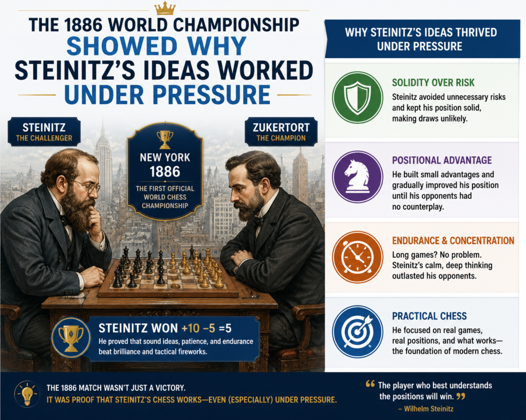 It is widely known as the first official World Chess Championship match. It was played in New York, St. Louis, and New Orleans, and Steinitz won the match to become the first official world champion. He held the title until 1894, when he lost to Emanuel Lasker.