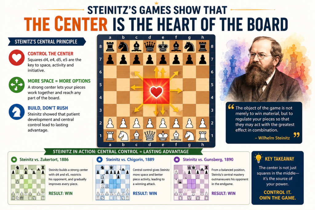 One major idea linked with Steinitz is the value of the center. In chess, the center is usually the group of squares in the middle of the board. When your pieces control the center, they often have more power. They can move to both sides more easily. They can support attacks, help defense, and stop the opponent’s plans.