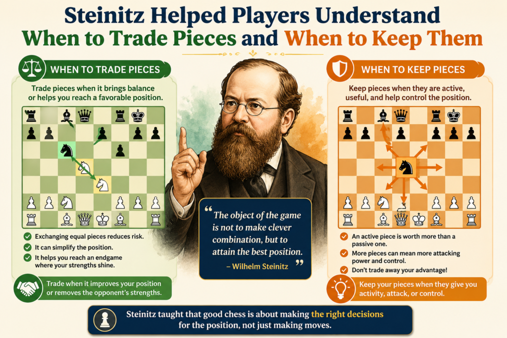 One of the hardest things for young chess players is knowing when to trade pieces. Many beginners trade because they can. They see a capture, they take it, and only later do they notice that the trade helped the other player. Steinitz’s way of thinking helps students slow down and ask a better question before every trade.