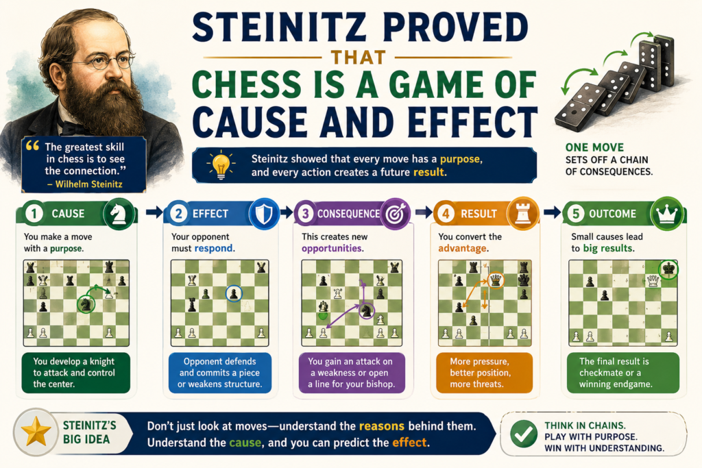 A move in chess is never alone. Every move creates a result. It may open a line, close a line, weaken a square, attack a piece, defend a pawn, or change the safety of the king. Steinitz helped players see chess as a game of cause and effect.