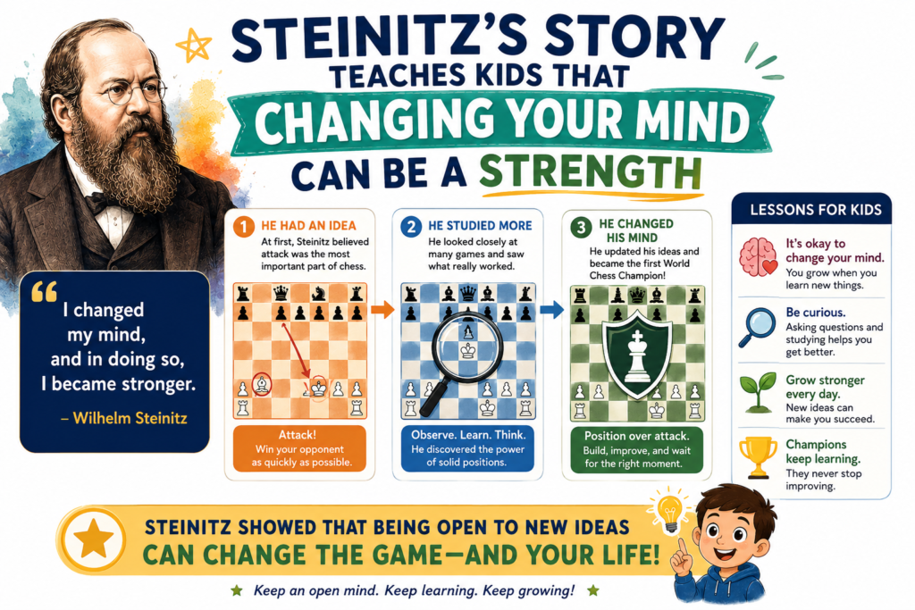 One of the most interesting things about Wilhelm Steinitz is that he did not always play the same way. In his younger years, he was known for sharp attacking chess. Later, he became the great teacher of positional play. He did not become weaker by changing. He became deeper.