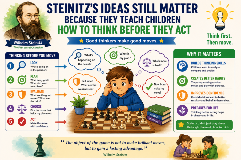 The biggest reason Wilhelm Steinitz still matters is not only that he was the first official World Chess Champion. It is that his ideas teach a way of thinking. He showed that a player should not attack without reason.