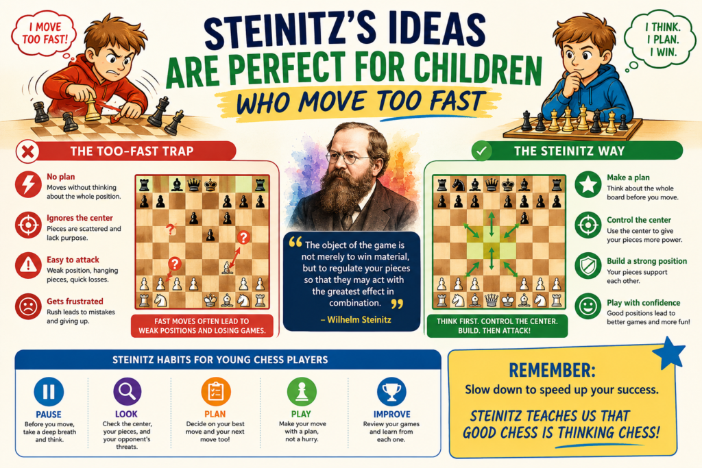 Many children lose games not because they do not know chess, but because they move too fast. They see a capture and play it. They see a check and give it. They see a threat and panic. The move happens before the thinking is done.