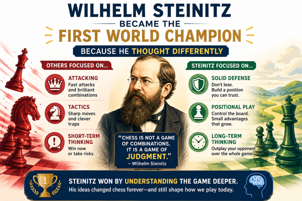 Wilhelm Steinitz was born in Prague in 1836. He later moved to Vienna, then to London, and became one of the strongest players in the world. His rise was not simple. He did not come from comfort. He had to fight for his place. But his chess mind was sharp, stubborn, and brave in a different way.