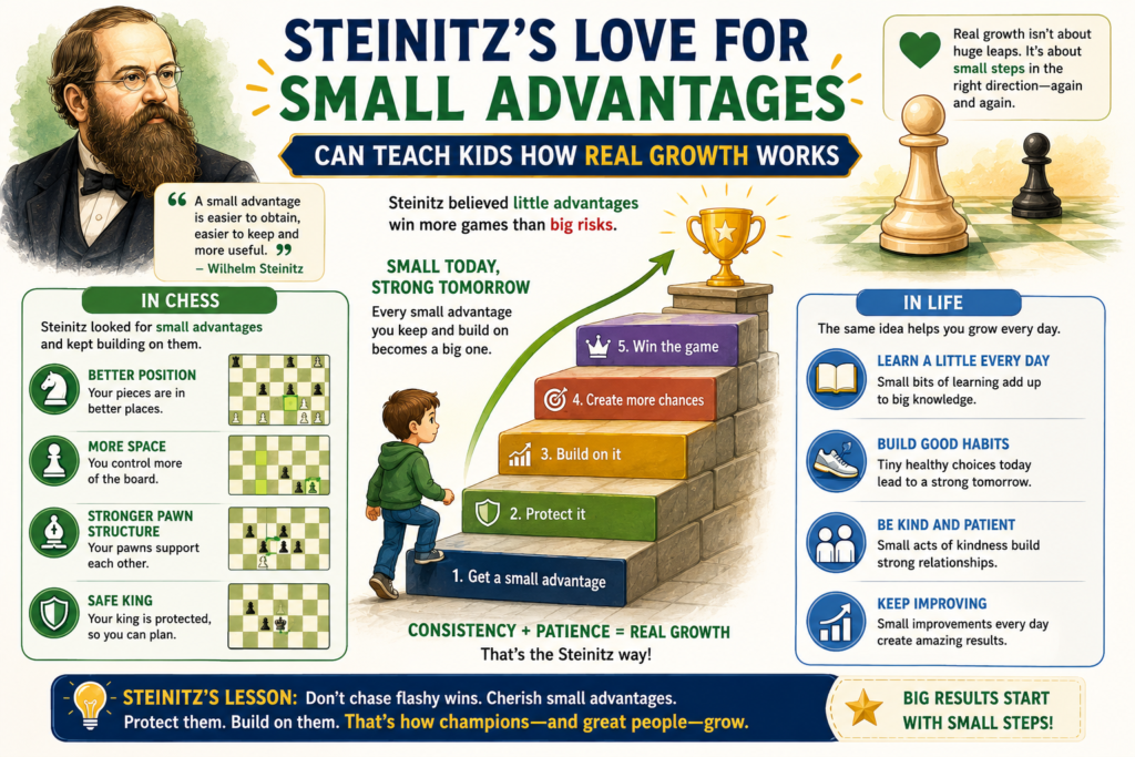 One of Steinitz’s greatest lessons is that small things matter. He did not always try to win at once. He often looked for small gains. A better pawn structure. A safer king. A stronger square. A more active rook. A weak pawn to attack later. 
