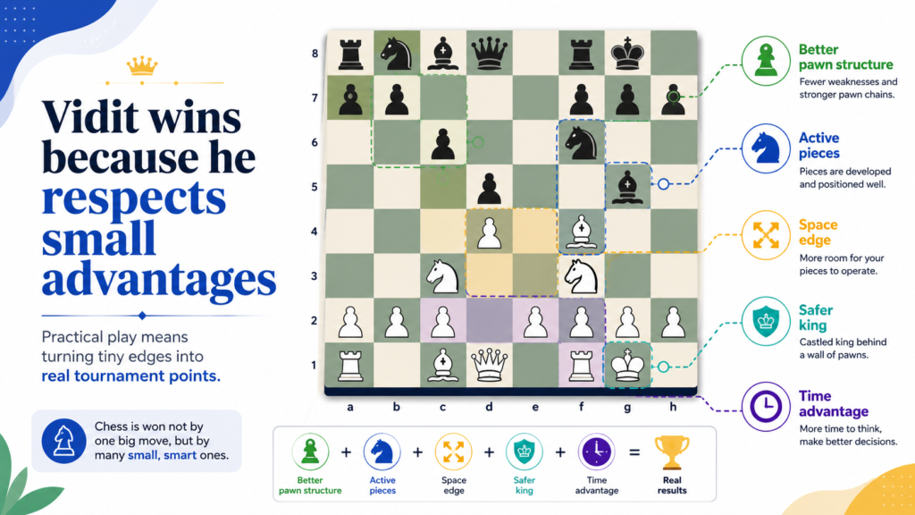 In many tournament games, there is no easy win. Nobody hangs a queen. Nobody allows checkmate in two moves. Strong players defend well, so the winner is often the one who understands small edges better.