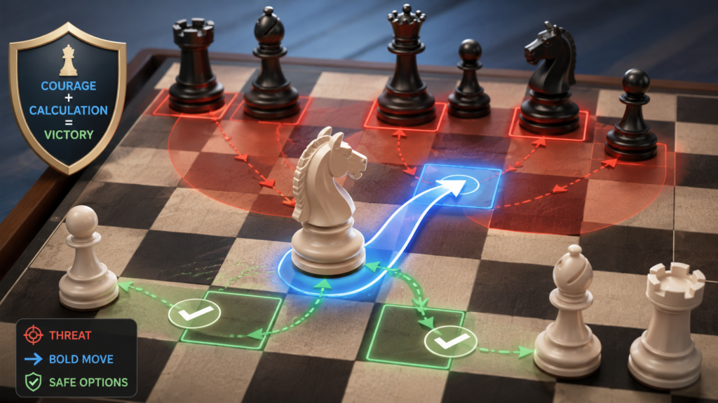 Some players are careful but too passive. They defend all game and wait. Other players are brave but too wild. They attack without checking the danger. Vidit’s best games sit in the middle. He can be brave, but his bravery has a reason.