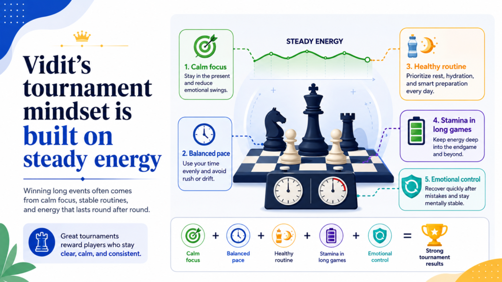 A tournament is not one game. It is many games. That makes it very different from casual chess. A player must manage focus, sleep, emotions, time, confidence, and pressure. One bad game cannot ruin the whole event. One good game cannot make the work done.