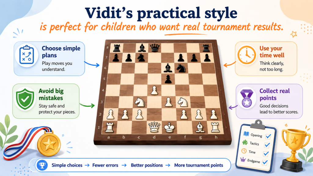Some chess styles are fun to watch but hard for children to copy. They depend on deep memory, sharp computer lines, or very advanced endgame skill. Vidit’s practical style is different. Children can learn from the ideas right away.