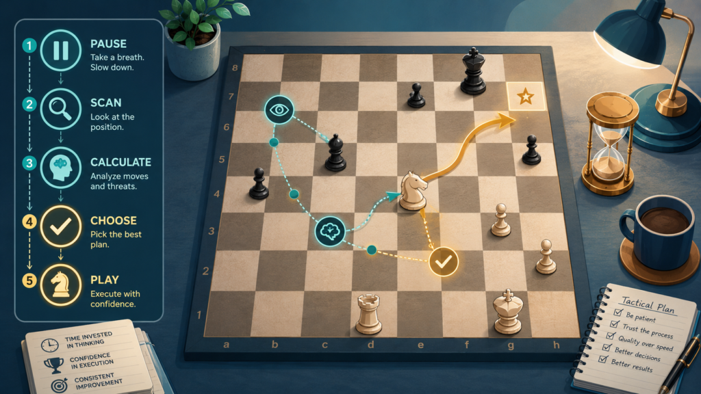 Tactics are the fun part of chess for many children. They enjoy finding forks, pins, discovered attacks, and checkmates. That joy is wonderful. But there is a danger too. Some children start guessing. They see one check and play it. They see one capture and grab it. They hope the puzzle works.