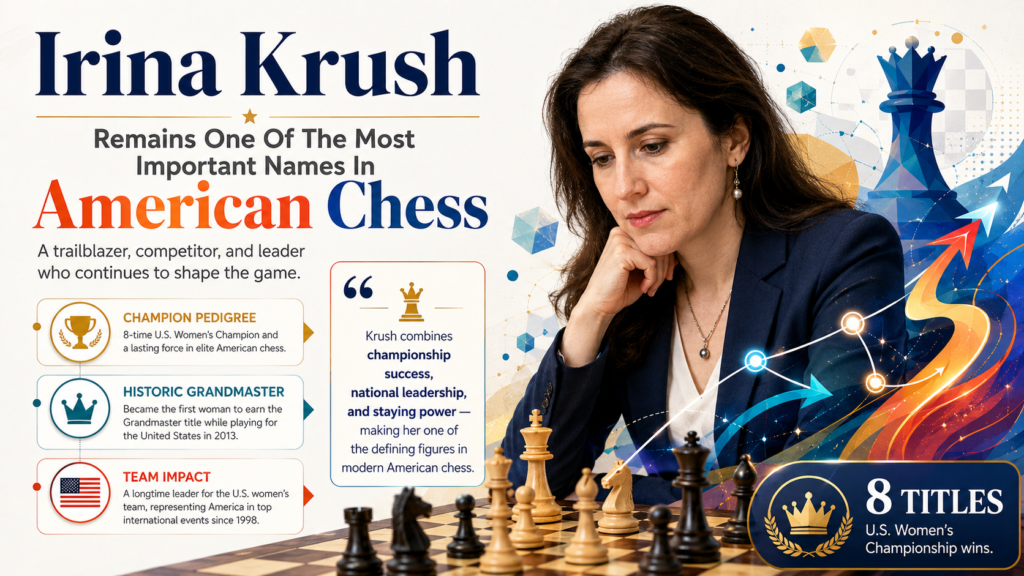 Irina Krush has been a key figure in U.S. chess for many years. FIDE lists her as a Grandmaster and Woman Grandmaster from the United States, with a May 2026 standard rating of 2401. She is also widely known as one of the greatest women players in American chess history.