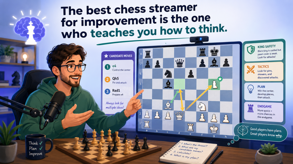 A good chess streamer does more than play fast moves. A good chess streamer lets you see the thinking behind the moves. That is the part that helps a student grow. The real lesson is not “play this move.” The real lesson is “this is why this move works.”