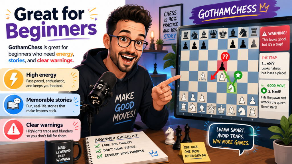 Levy Rozman, known online as GothamChess, is one of the most popular chess creators in the world. His YouTube channel is known for lessons, game recaps, rating climb content, and lively explanations that make chess feel less scary for newer players.