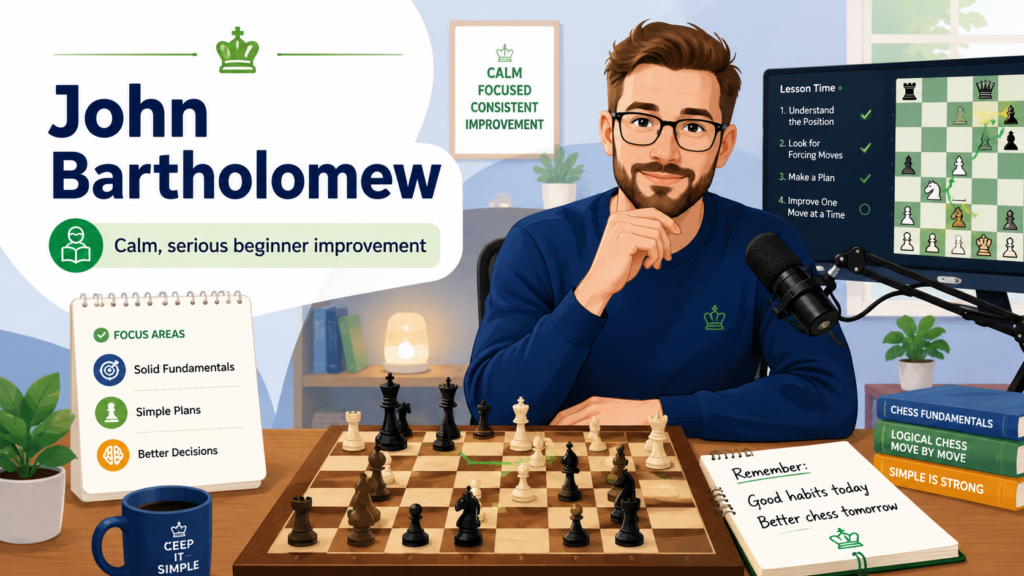 John Bartholomew is not always the loudest name in chess streaming, but his teaching is deeply useful. His YouTube channel describes him as a chess master, entrepreneur, and former Chessable co-founder, and his well-known “Chess Fundamentals” playlist covers key ideas like undefended pieces, coordination, common mistakes, pawn play, and trades.