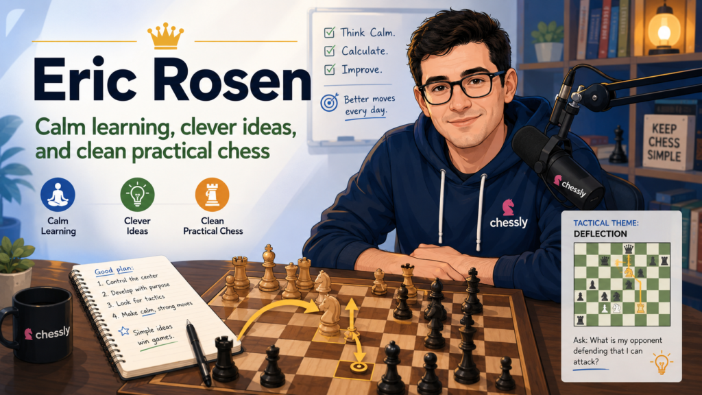 Eric Rosen is a great streamer for students who want chess to feel friendly, not scary. His own channel describes him as an International Master who streams on Twitch and shares many of the best moments on YouTube.