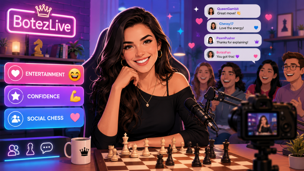 BotezLive is hosted by sisters Alexandra and Andrea Botez. Their Twitch page describes it as a chess show hosted by two sisters who grew up playing competitively and represented Team Canada in international events. The page also notes that they stream chess, chatting, and sometimes other games.