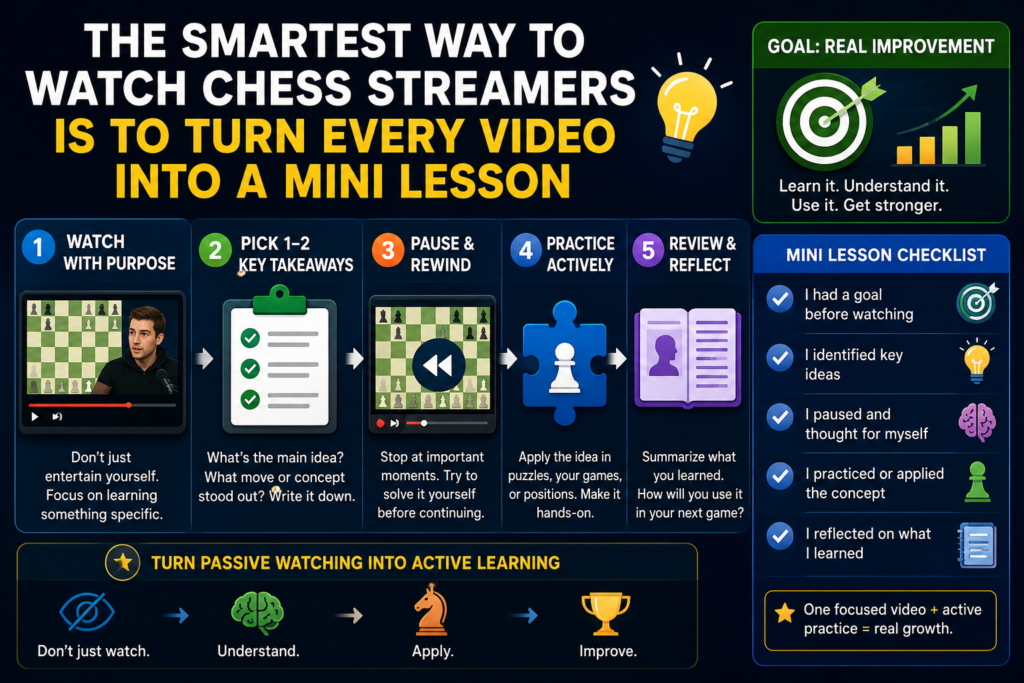 Watching chess is easy. Learning from chess takes a little more care. The good news is that students do not need to watch for many hours. Even ten focused minutes can help if they watch the right way.