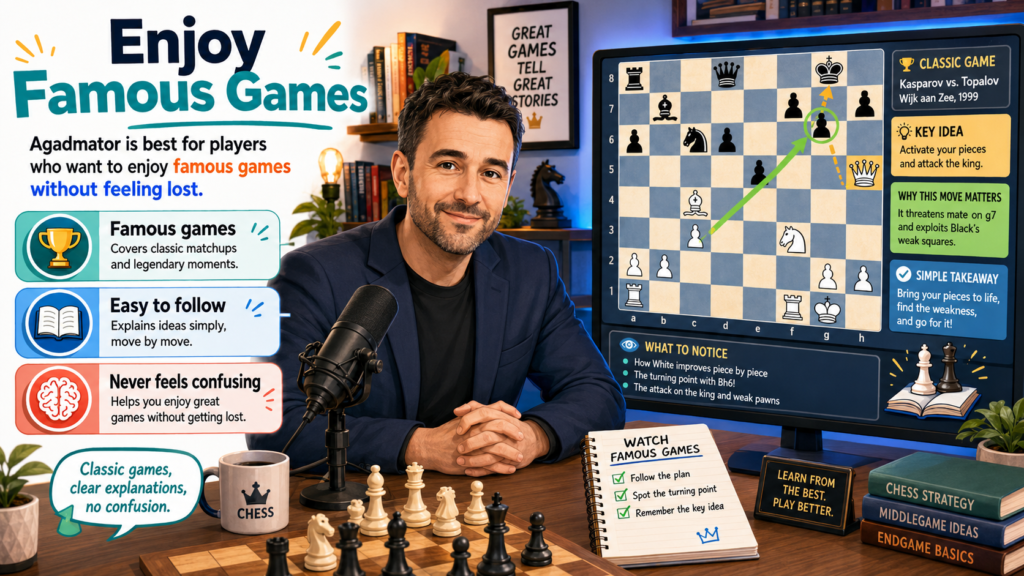 Agadmator is not always a “live coach” type of streamer, but his chess videos are very useful for students who want to enjoy great games in a simple way. His channel says he uploads games he personally finds interesting, and that is a big part of his style.