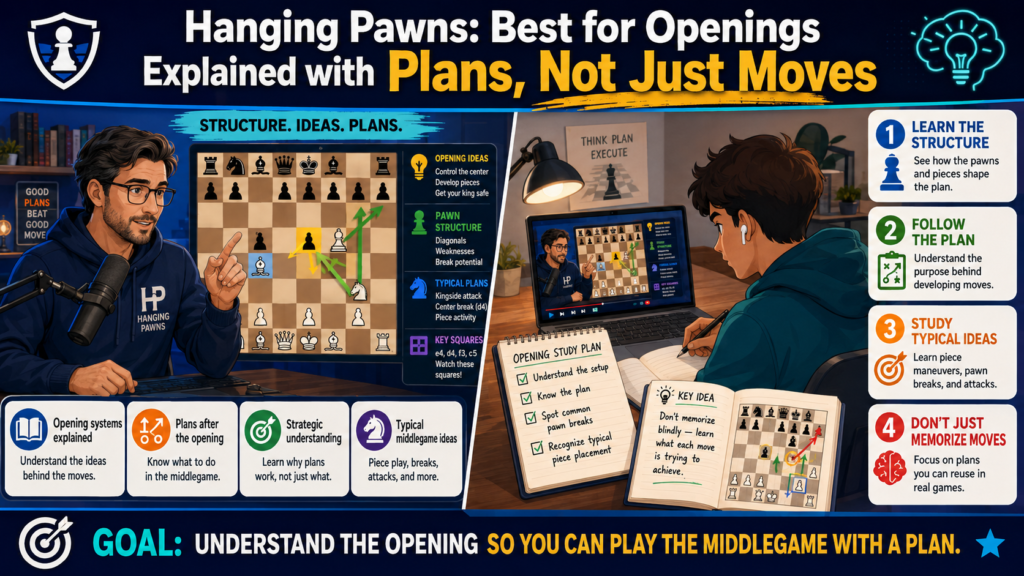 Hanging Pawns is a strong choice for players who want to learn openings in a serious but clear way. The channel describes itself as being for players who are trying to improve, made by a player who is also trying to improve. That honest style makes the lessons feel less cold and more human.