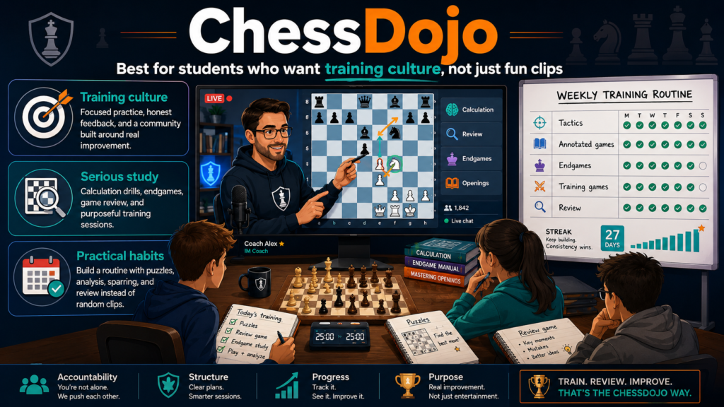 ChessDojo is aimed at serious improvement. Its Twitch page describes it as a hub for chess players, improvers, and coaches, with educational chess content and a community for ambitious players. Its YouTube channel also points to instructional videos and live classes.