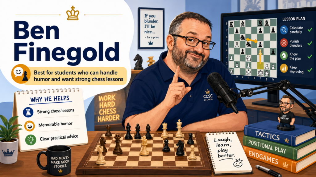 Grandmaster Ben Finegold has a very clear and funny teaching style. His YouTube channel includes videos from his Twitch streams and live lectures on openings, tactics, and chess ideas. His Twitch profile describes him as an International Grandmaster, and his content often mixes jokes with serious lessons.